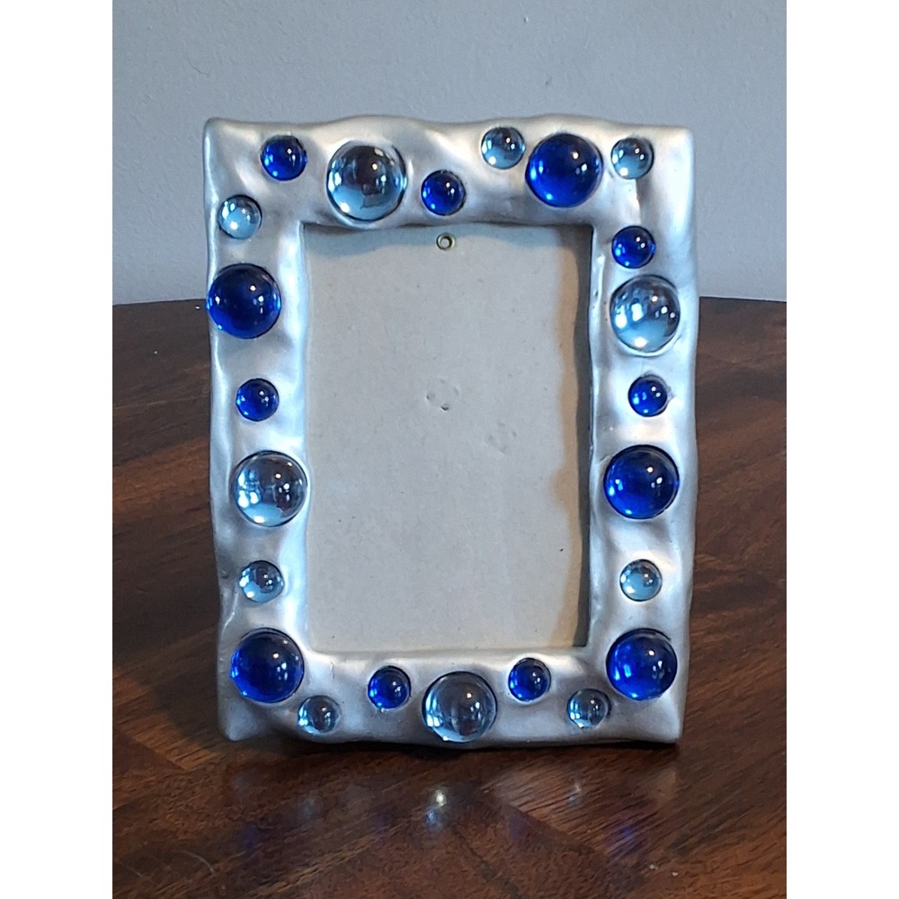 Zappo Silver Wavy Picture Frame Blue Glass Bubbles 4x6 Tabletop Decor